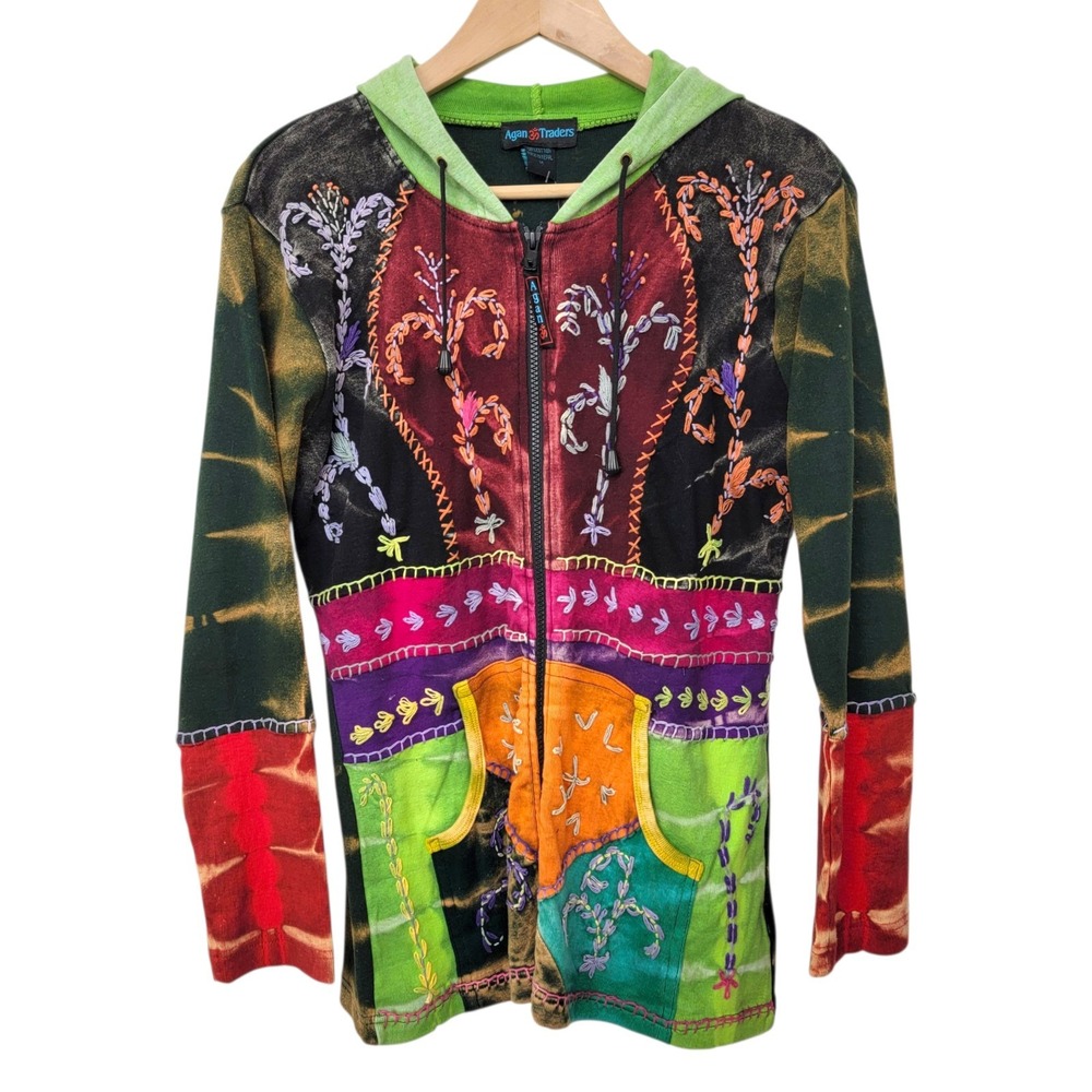 Agan Traders Hoodie Medium Tie Dye Boho Knit Embroidered Zip Up Hippie Artsy New
